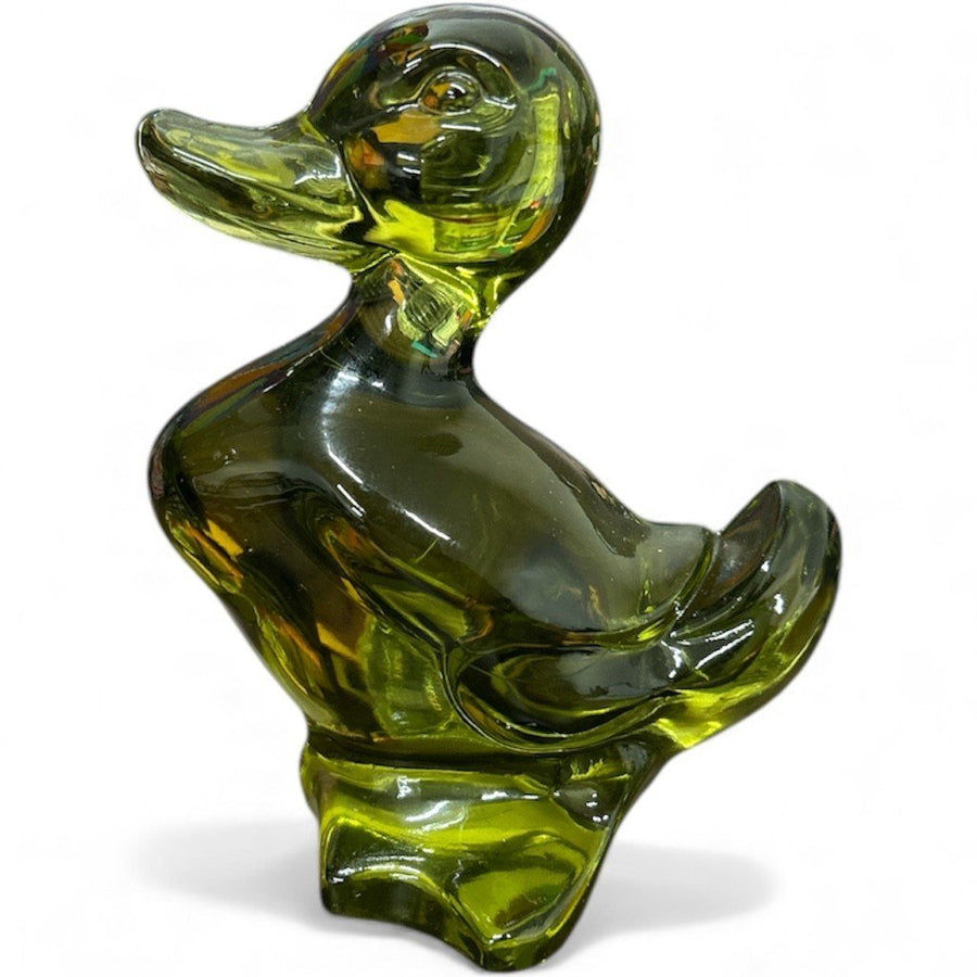 Fostoria Mid Century Olive Green Glass Ducks