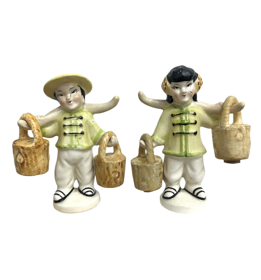 Occupied Japan Ceramic Asian Yoke Couple Salt and Pepper Shaker Figurines