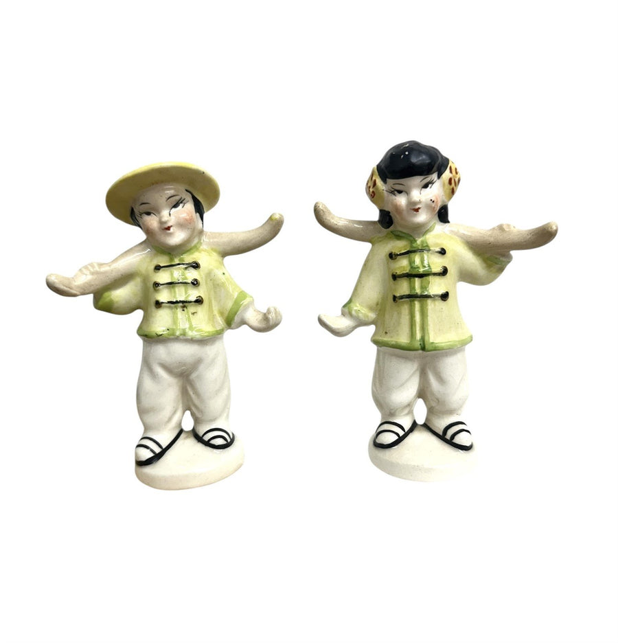 Occupied Japan Ceramic Asian Yoke Couple Salt and Pepper Shaker Figurines