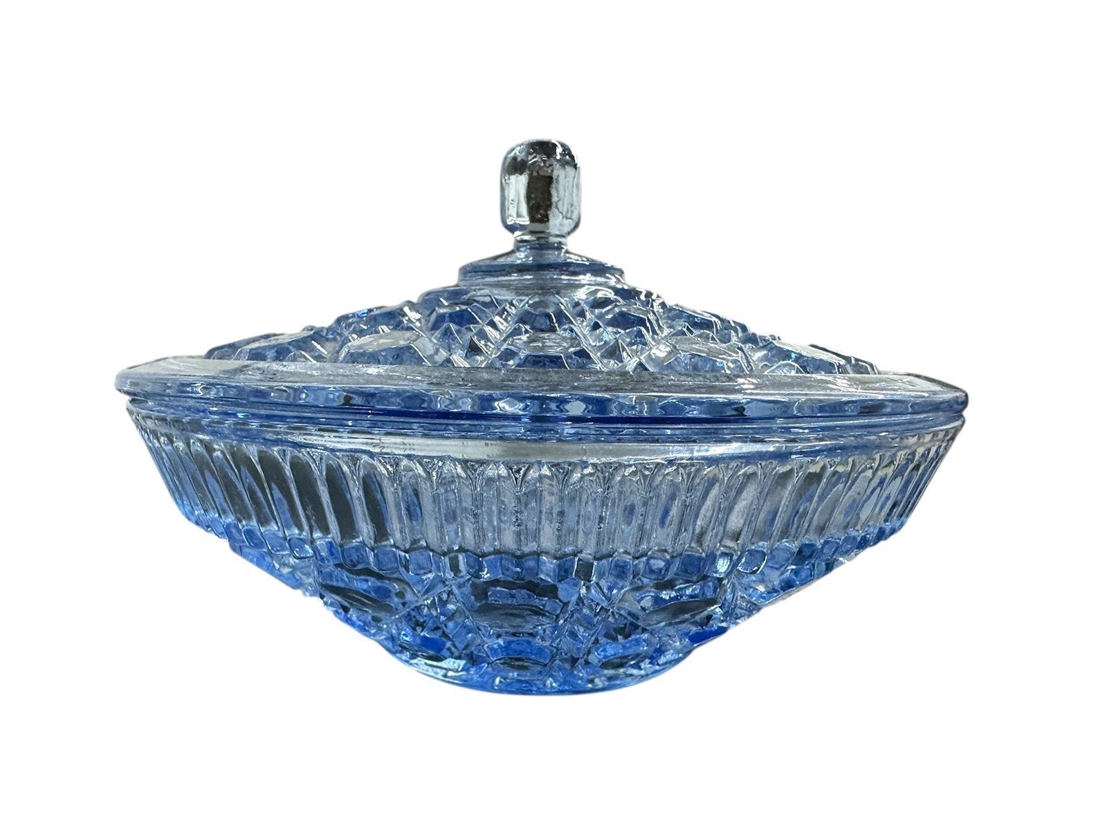 Windsor Blue Vintage Indiana Glass Button & Cane Covered Candy Dish Bowl