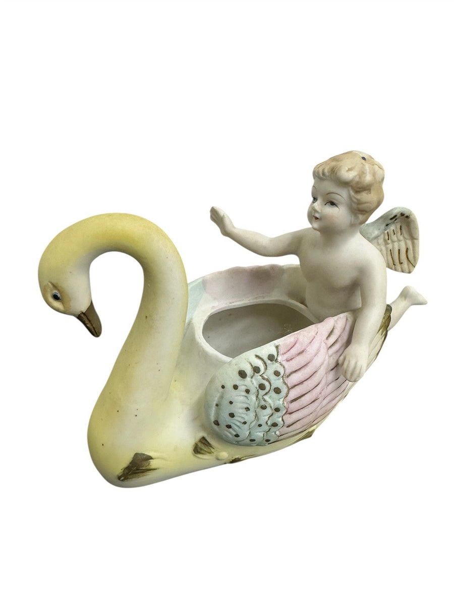 Occupied Japan Porcelain Cherub Angel and Swan Planter