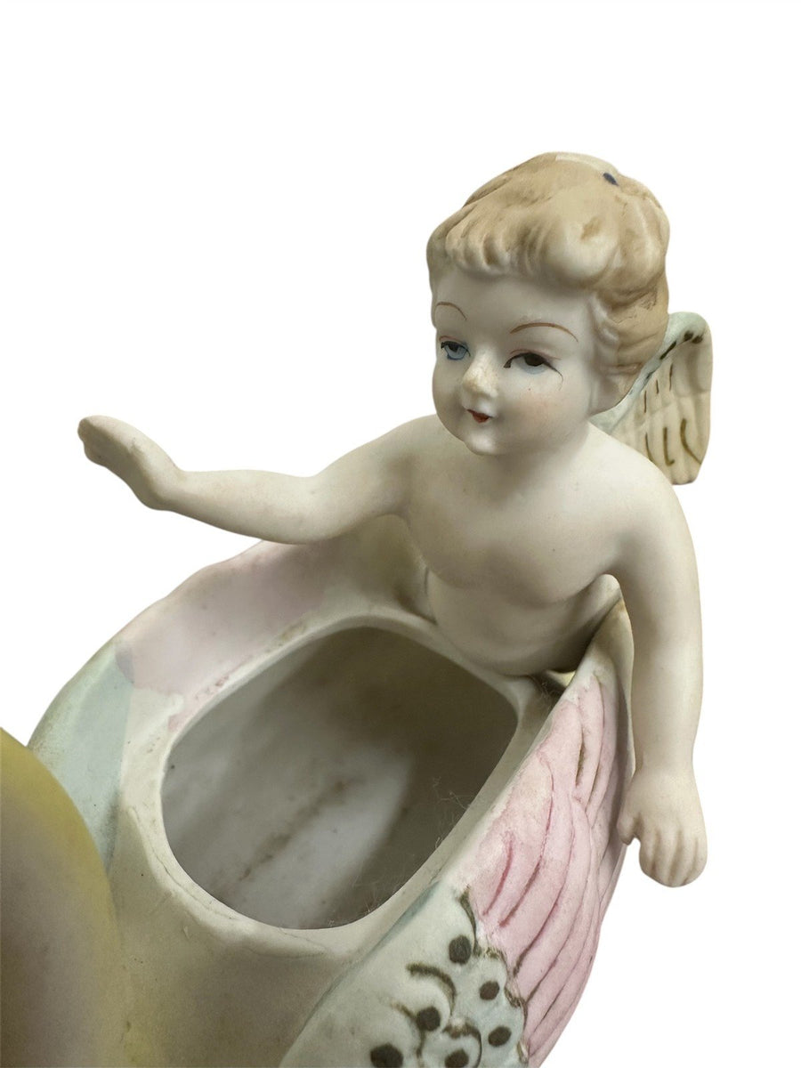 Occupied Japan Porcelain Cherub Angel and Swan Planter