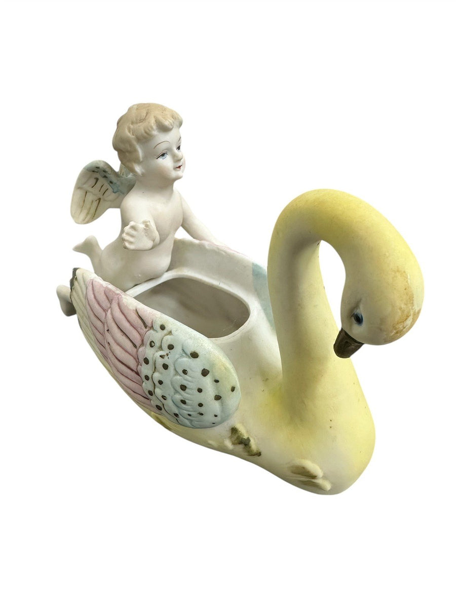 Occupied Japan Porcelain Cherub Angel and Swan Planter