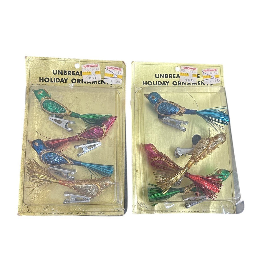 Unopened Vintage Unbreakable Mercury Glass Tinsel Tailed Clip-on Bird Ornaments