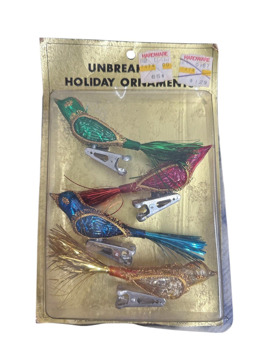 Unopened Vintage Unbreakable Mercury Glass Tinsel Tailed Clip-on Bird Ornaments