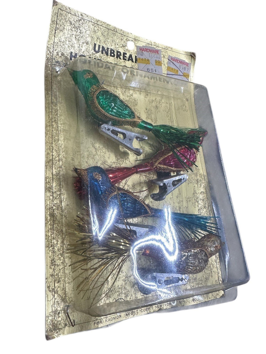 Unopened Vintage Unbreakable Mercury Glass Tinsel Tailed Clip-on Bird Ornaments