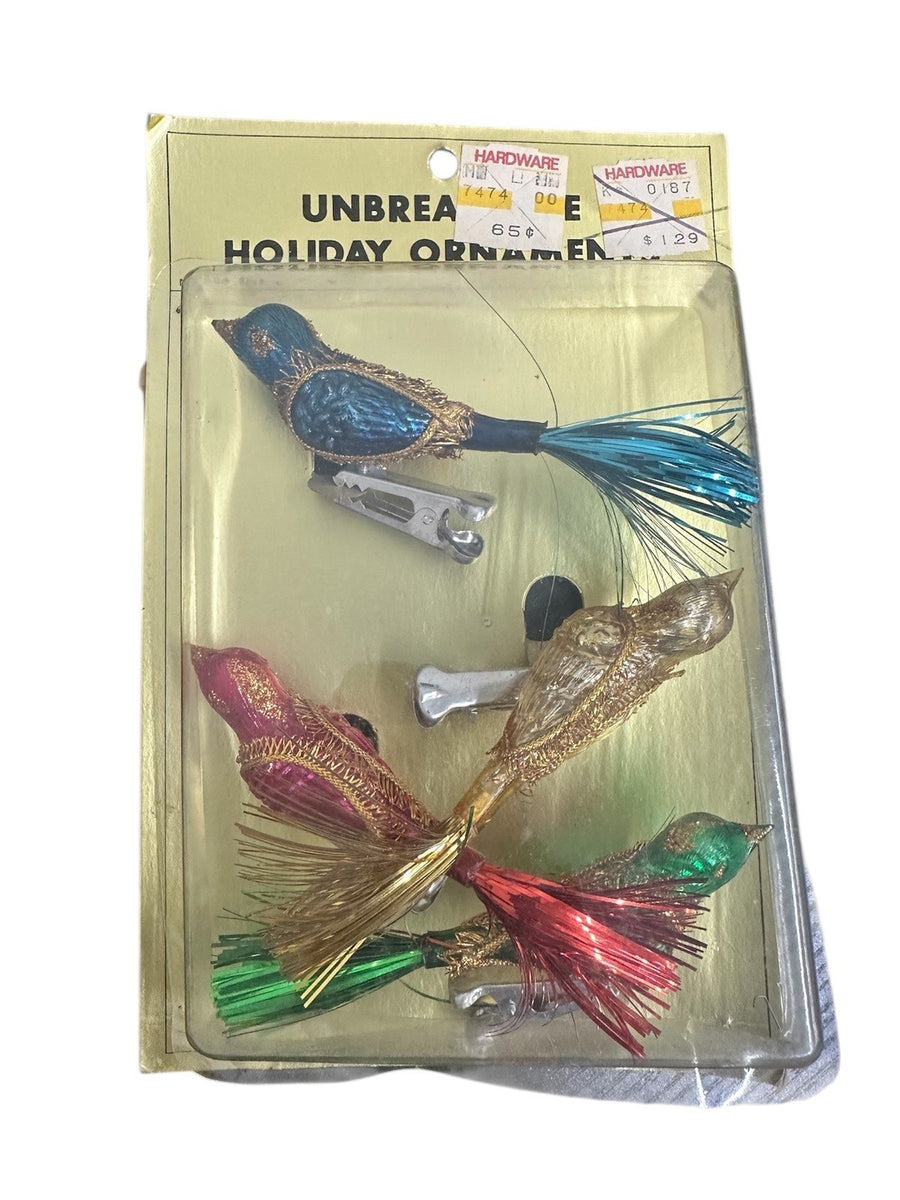 Unopened Vintage Unbreakable Mercury Glass Tinsel Tailed Clip-on Bird Ornaments