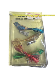 Unopened Vintage Unbreakable Mercury Glass Tinsel Tailed Clip-on Bird Ornaments