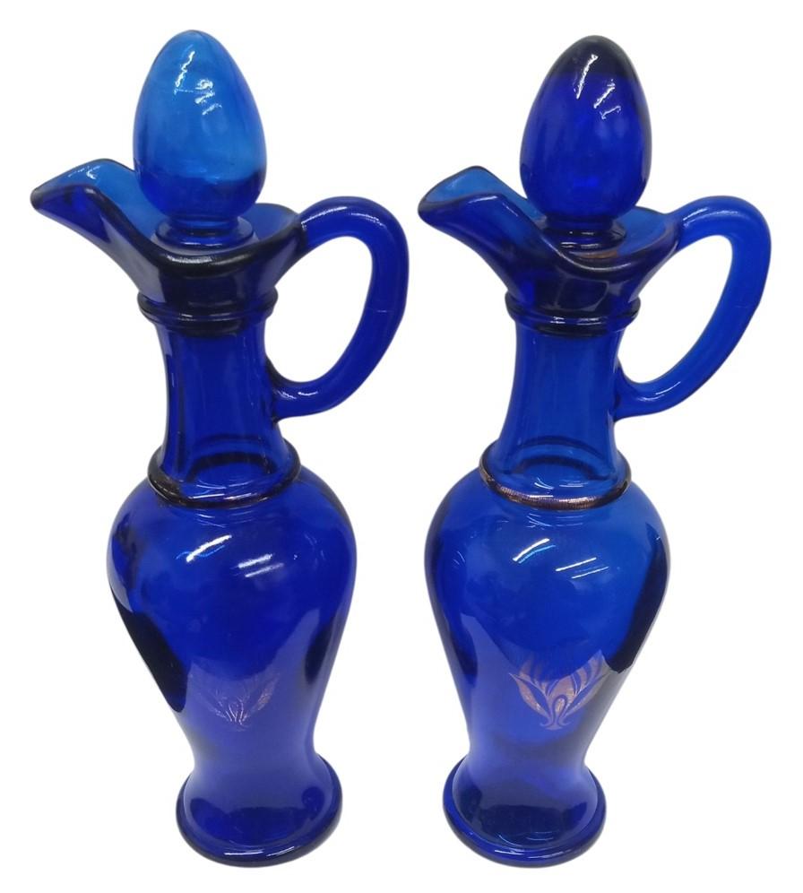 Avon Skin So Soft Bath Oil Blue Glass Bottles 9" Set Of 2 Vintage Collectible