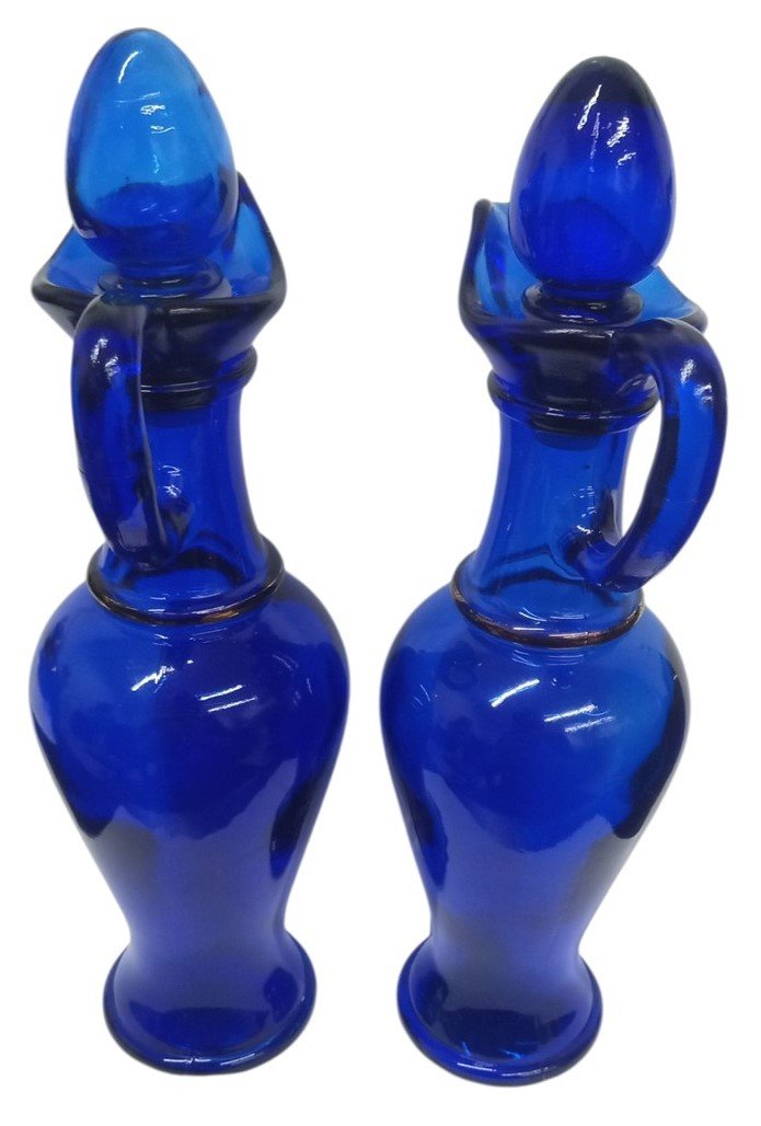 Avon Skin So Soft Bath Oil Blue Glass Bottles 9" Set Of 2 Vintage Collectible