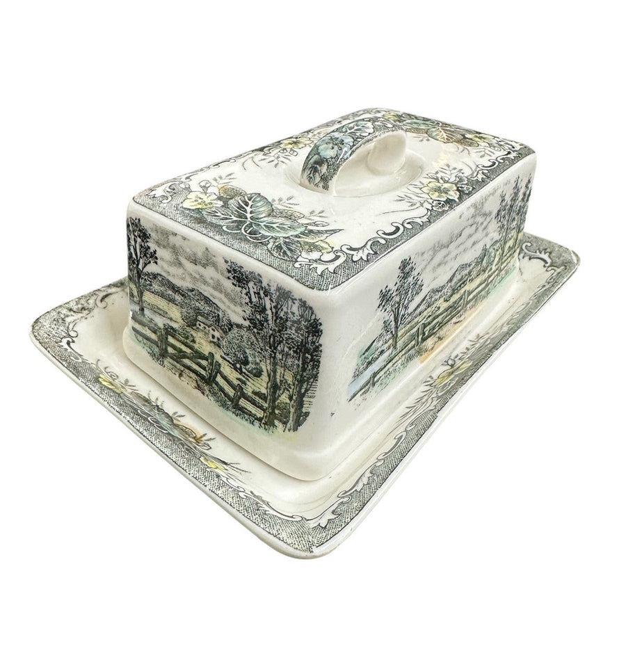 Transferware "Rural Scenery" Covered Rectangular Butter Dish