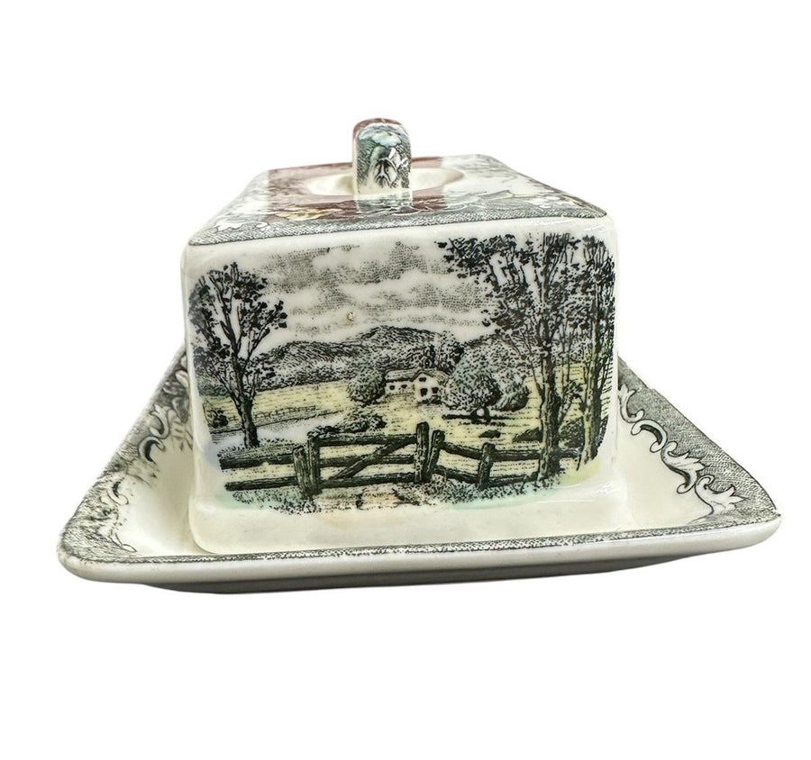 Transferware "Rural Scenery" Covered Rectangular Butter Dish
