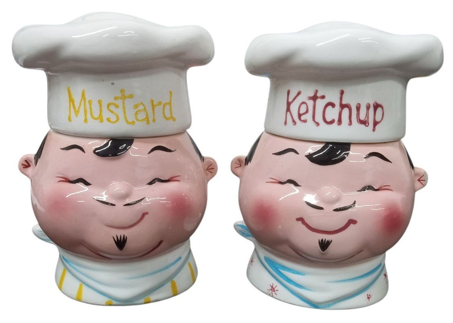 Napco Chef Head Ketchup & Mustard Canisters 5" 1959 Vintage Novelty Kitchenware