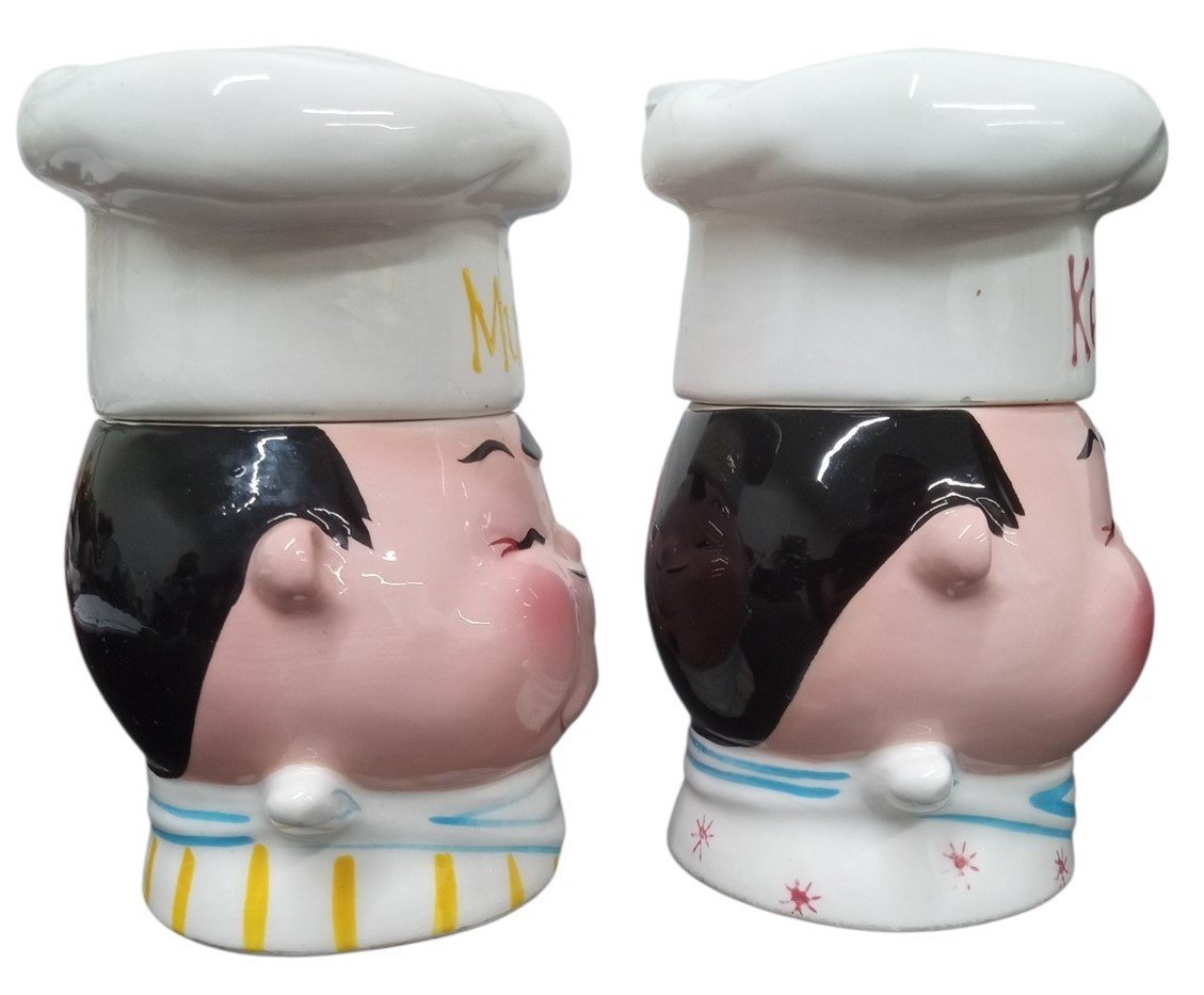 Napco Chef Head Ketchup & Mustard Canisters 5" 1959 Vintage Novelty Kitchenware