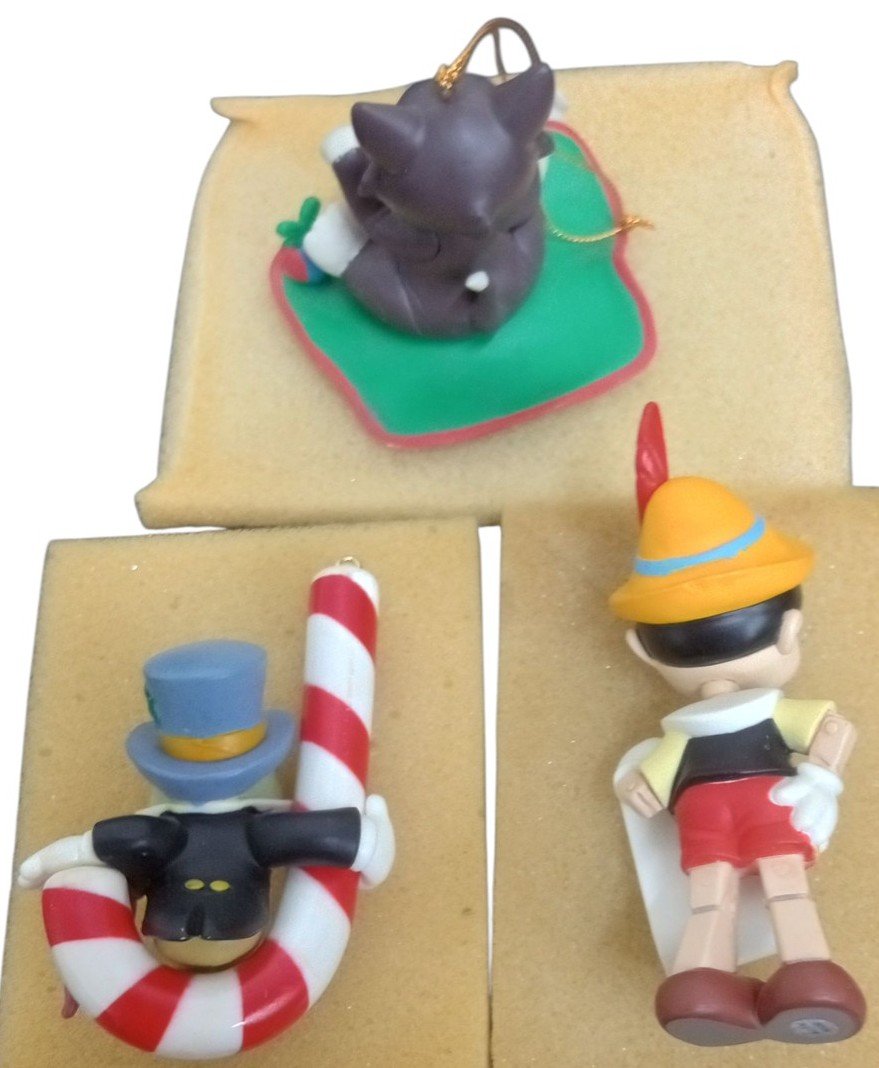 Disney Grolier Ornaments Set Of 3 Pinnochio Figaro Jiminy Retro Festive Decor