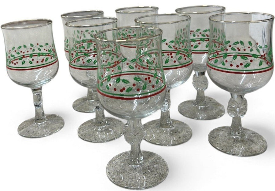 Arby's Libbey Set of 8 Holly Berry Wine Goblet Glass with Gold Rim and Bow