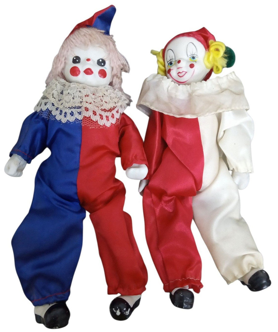 Clown Dolls Set Of 2 Likely Porcelain Vintage Collectible Nostalgic Knick Knack
