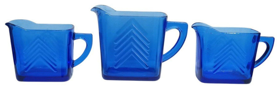 Hazel Atlas Cobalt Blue Chevron Mini Pitchers/Creamers Set Of 3 Vintage 1940s