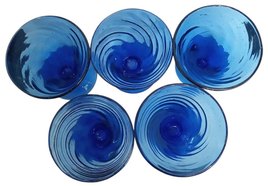 Cobalt Blue Drinking Glasses Handblown Set Of 5 Vintage Collectible Drinkware
