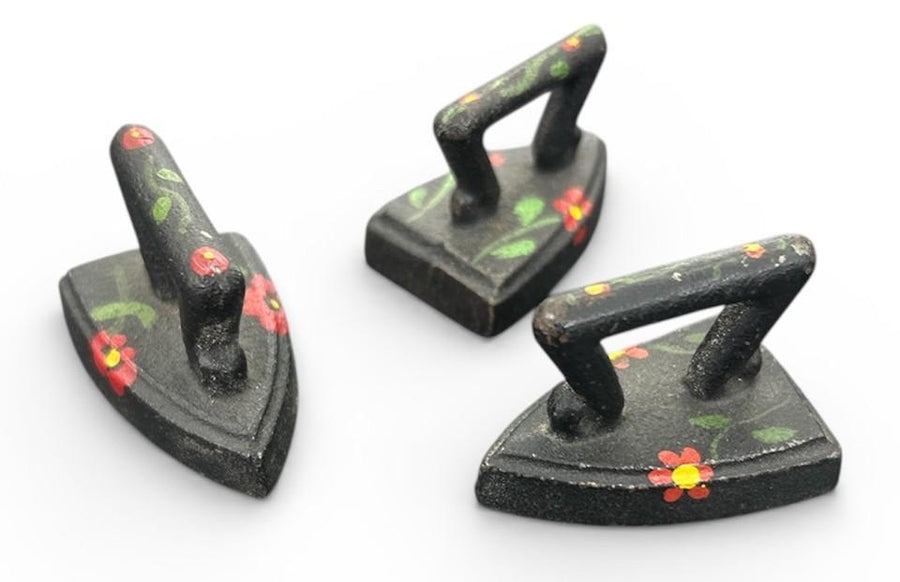 Cast Iron Lot of 3 Red Hand-Painted Flower Miniature Sad Irons