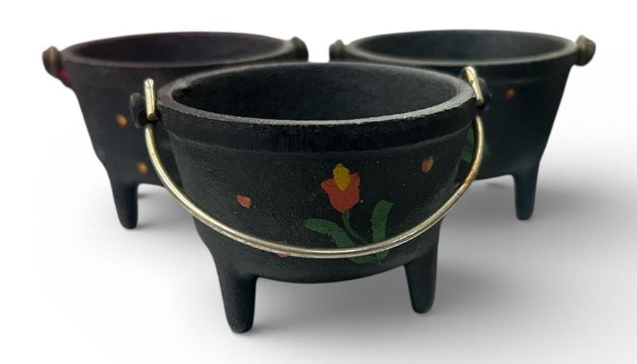 Cast Iron Hand Painted Flowers Miniature 3 Legged Caldron Set of 3