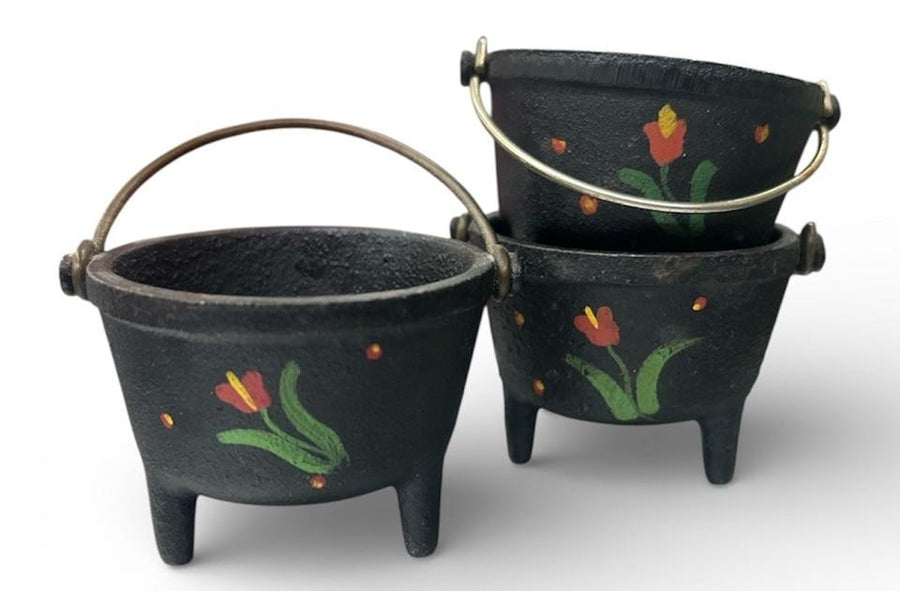 Cast Iron Hand Painted Flowers Miniature 3 Legged Caldron Set of 3