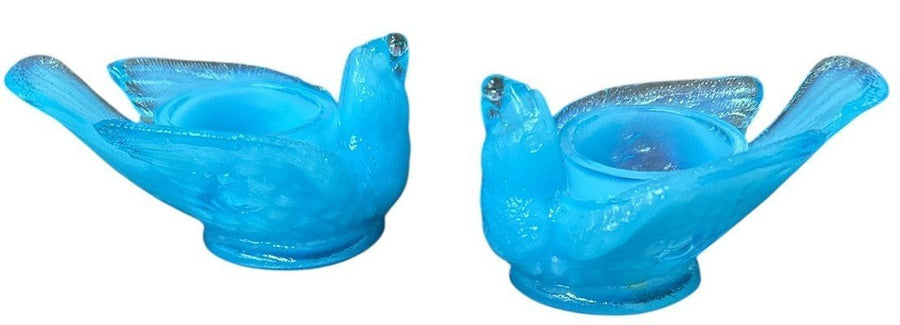 Degenhart 2 Bird and Berry Light Blue Glass Open Salt Cellar Candle Holders
