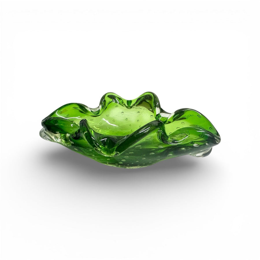 Murano Bullicante Vivid Green Italian Hand Blown Glass Decorative Candy Dish