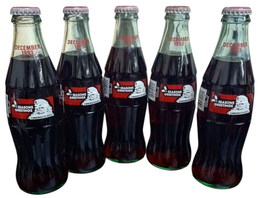 Coca Cola Set Of 5 Sealed Christmas Bottles W/Carrier 1993 Retro Festive