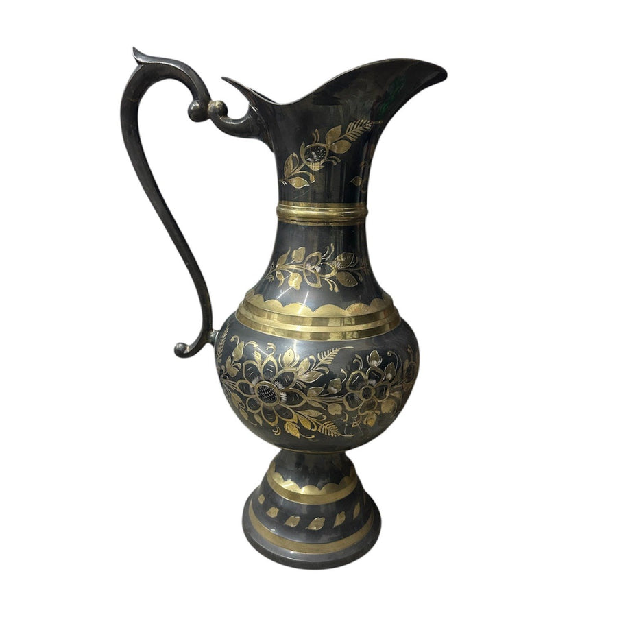 MCM Large 21" Black and Gold Etched Brass Ewer Floral Decorative Pitcher Vase