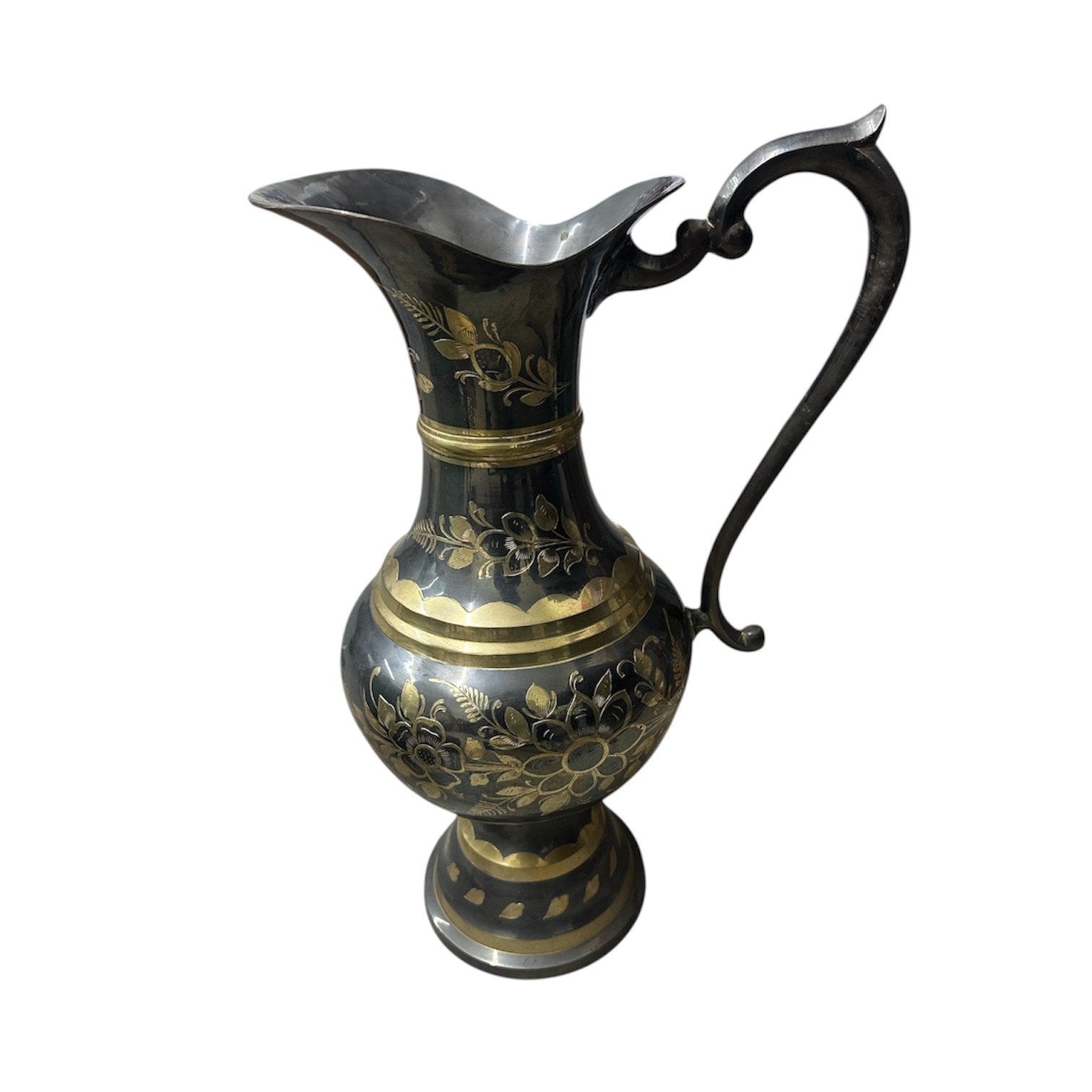 MCM Large 21" Black and Gold Etched Brass Ewer Floral Decorative Pitcher Vase