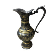 MCM Large 21" Black and Gold Etched Brass Ewer Floral Decorative Pitcher Vase