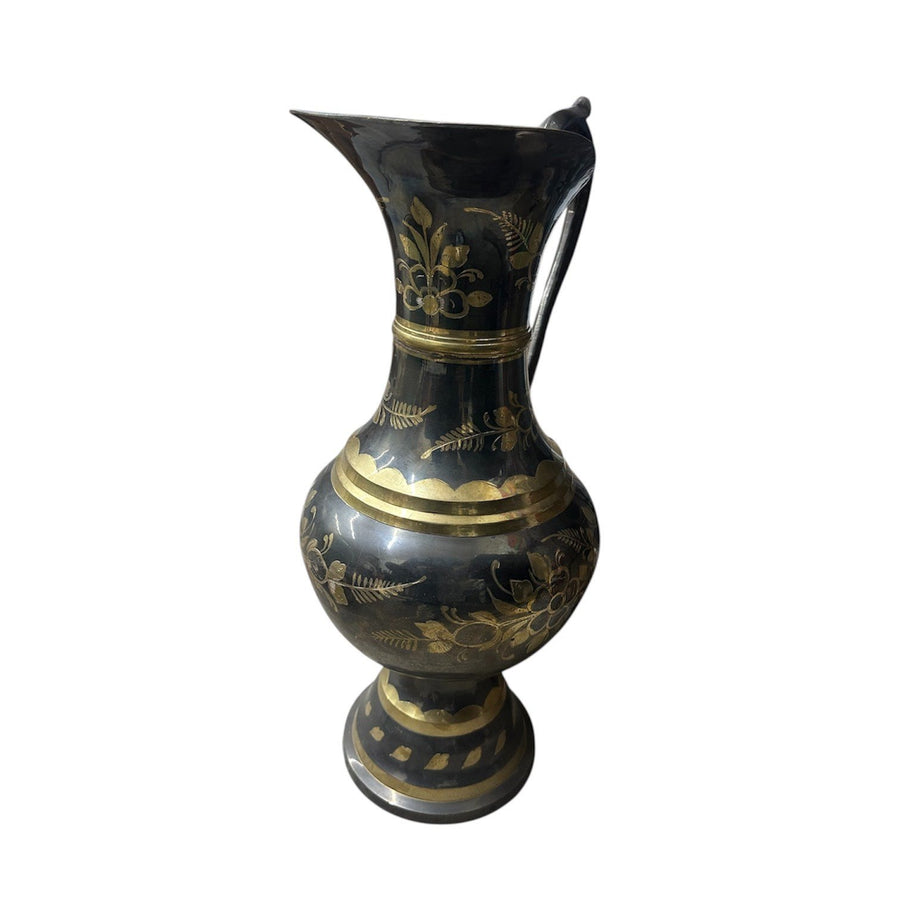 MCM Large 21" Black and Gold Etched Brass Ewer Floral Decorative Pitcher Vase