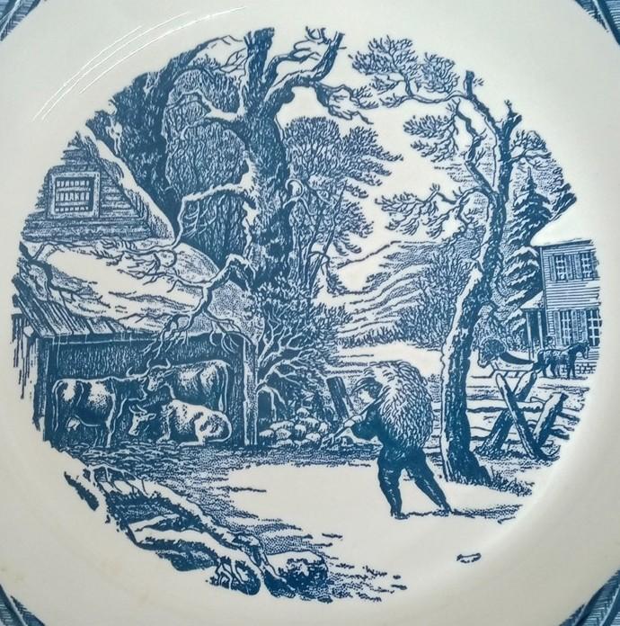 Currier & Ives Snowy Morning Pie Plate Blue & White Vintage Collectible Decor