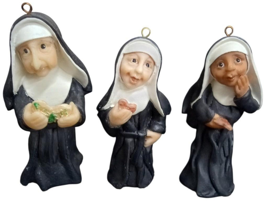 Happy Habits Mini Nun Figures W/Hooks Set Of 3 Cute Collectible Decorative