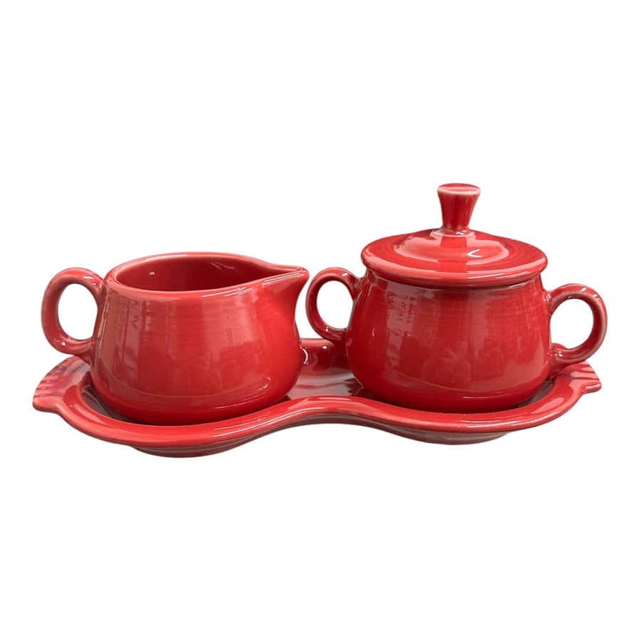 Fiesta - Scarlet Red 4-Piece Sugar Bowl and Creamer Tray Set Homer Laughlin HLC Ceramic