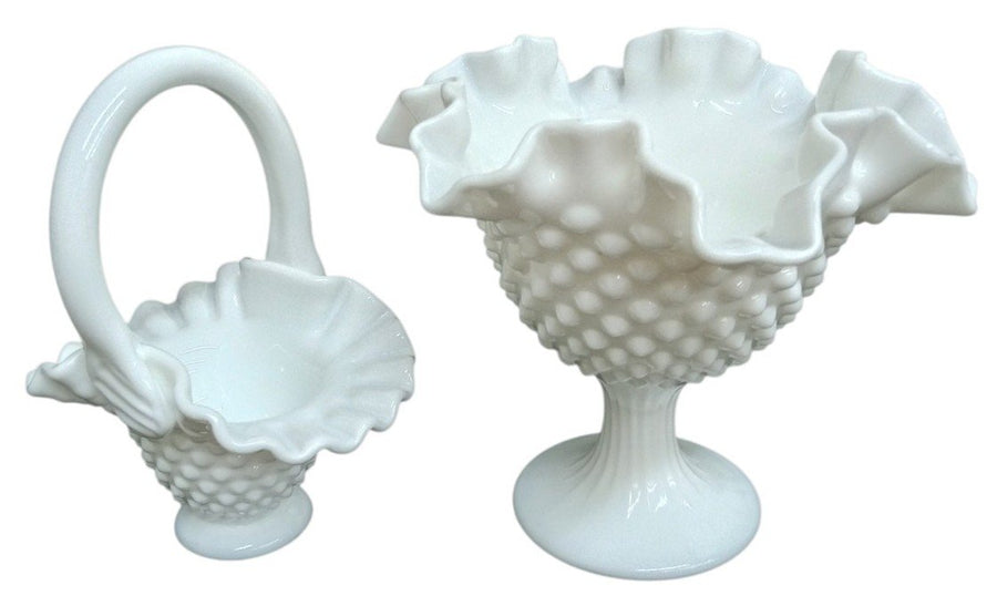 Fenton Hobnail Milk Glass Basket & Candy Dish Vintage Cute Collectible