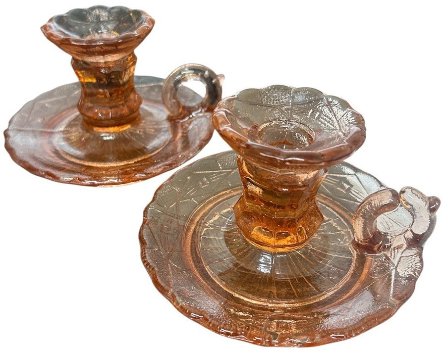 Sklo Union Zabknowice Glass Pair 1902 Pink Candle Holders