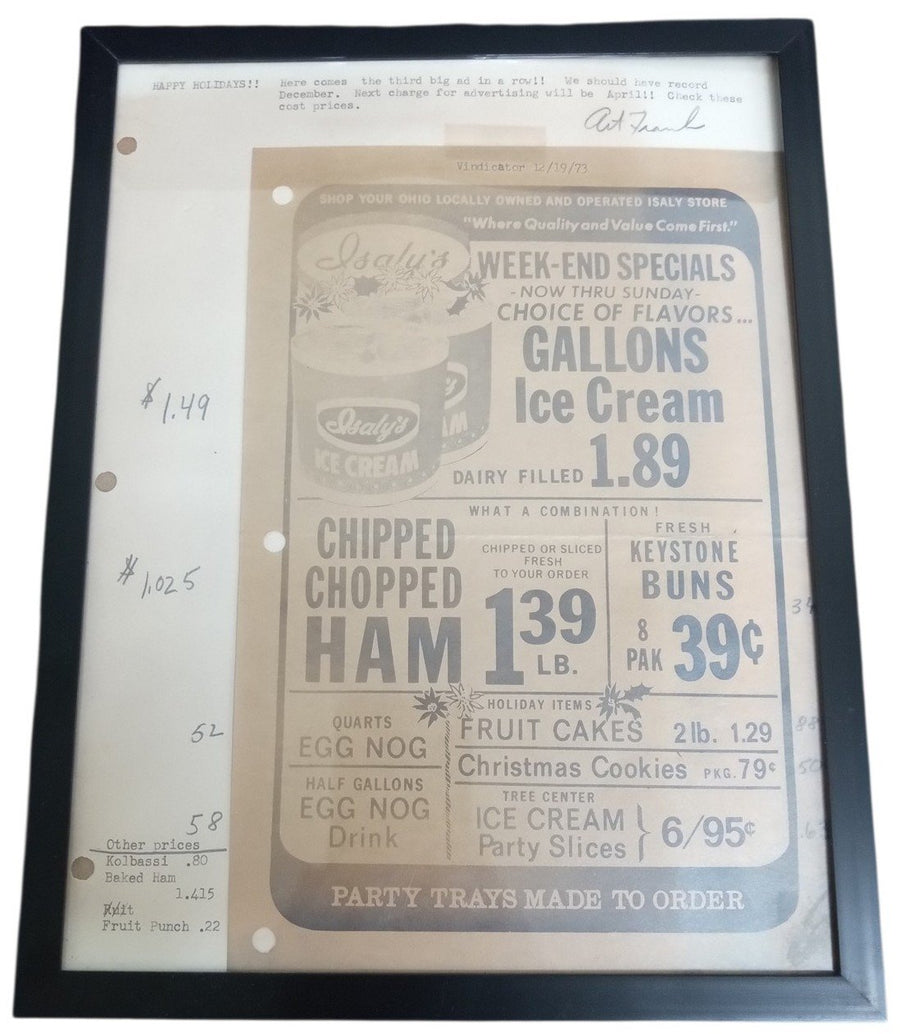 Isaly's 12/19/73 Sales Ad Signed By Art Frank Framed 9"x11" Vintage Collectible