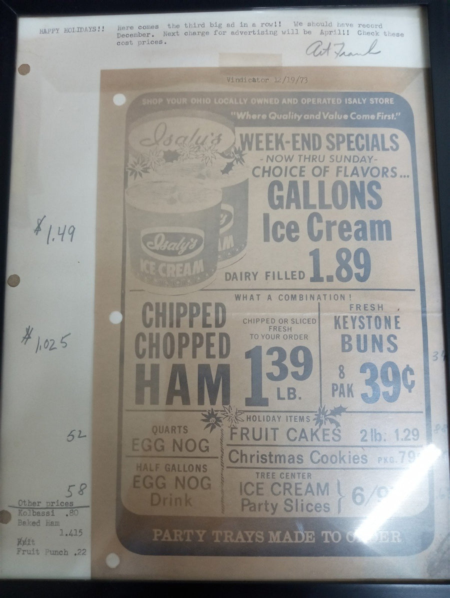 Isaly's 12/19/73 Sales Ad Signed By Art Frank Framed 9"x11" Vintage Collectible