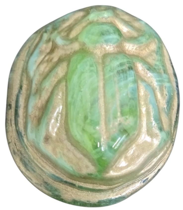 Fink Glass Works Vaseline or Magnesium Glass Scarab Paperweight Glows