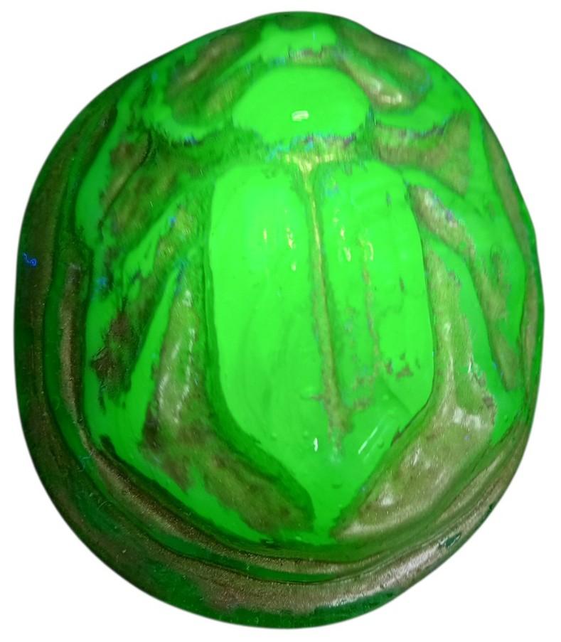Fink Glass Works Vaseline or Magnesium Glass Scarab Paperweight Glows