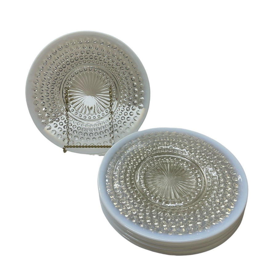 Anchor Hocking Set of 5 Opalescent Hobnob Moonstone Glass Luncheon Plates 8.5"