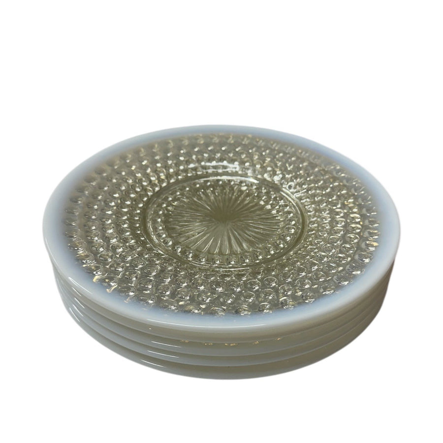 Anchor Hocking Set of 5 Opalescent Hobnob Moonstone Glass Luncheon Plates 8.5"
