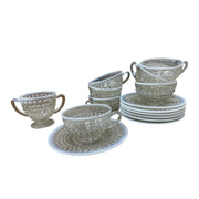 Anchor Hocking Opalescent Moonstone Glass Set of 7 Teacup Sets + Sugar Bowl