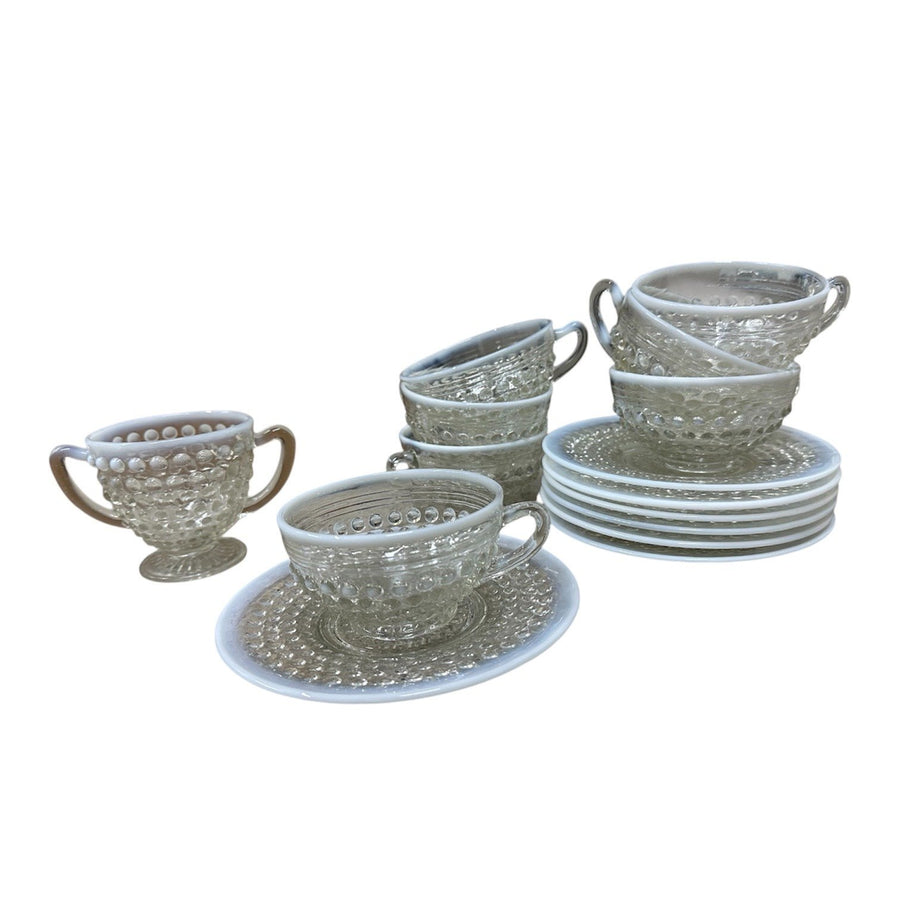 Anchor Hocking Opalescent Moonstone Glass Set of 7 Teacup Sets + Sugar Bowl