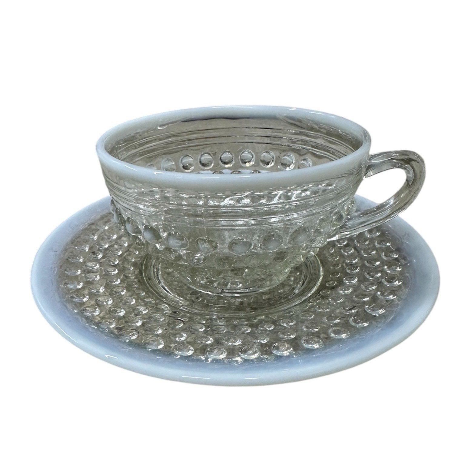 Anchor Hocking Opalescent Moonstone Glass Set of 7 Teacup Sets + Sugar Bowl