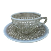 Anchor Hocking Opalescent Moonstone Glass Set of 7 Teacup Sets + Sugar Bowl