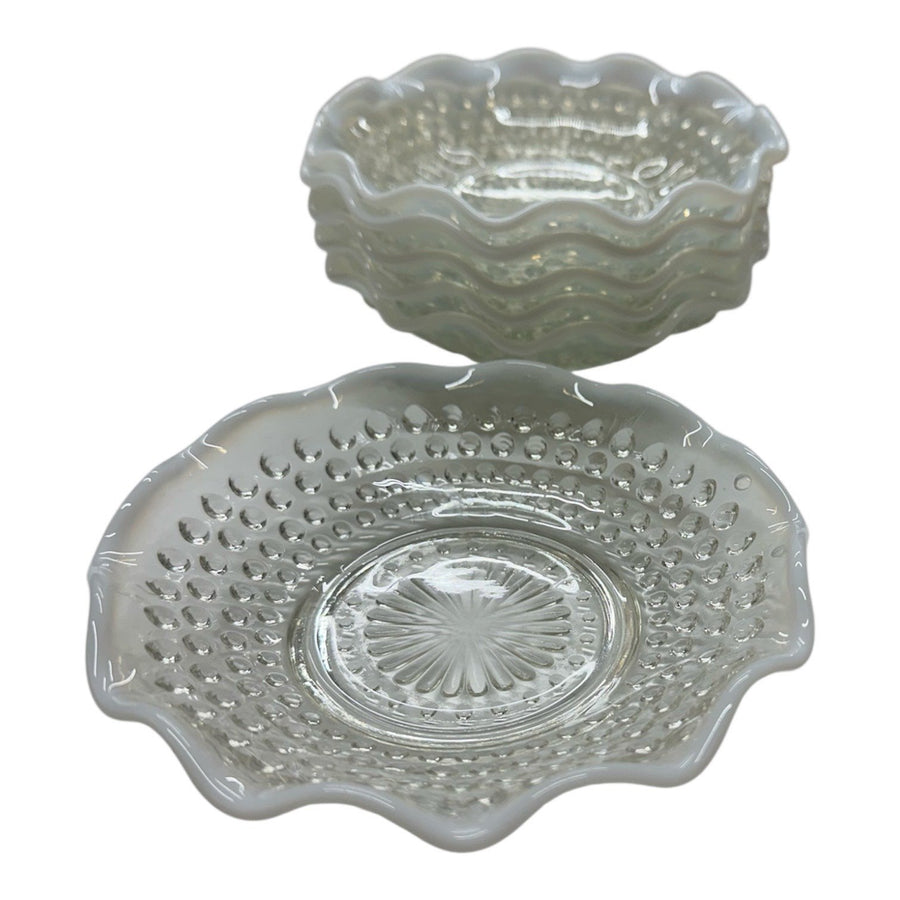 Anchor Hocking Set of 6 Opalescent Hobnob Moonstone Glass Berry/Dessert Bowls