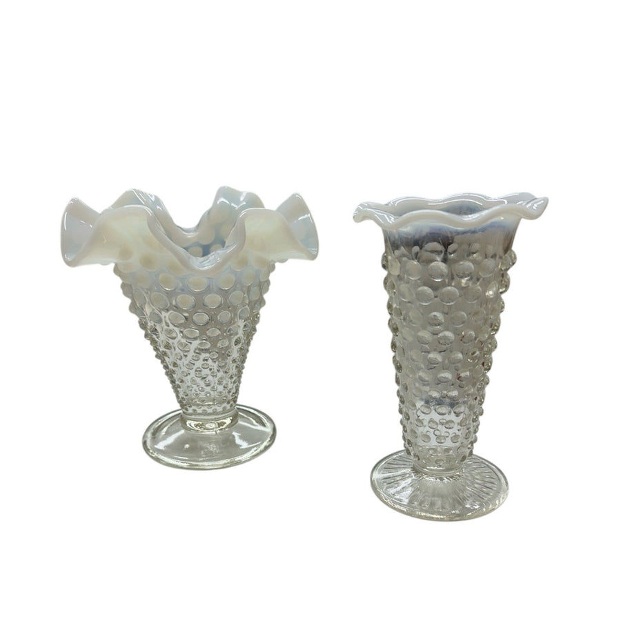 Anchor Hocking Fenton Vintage Opalescent Hobnob Moonstone Glass Vase Pair